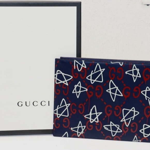 Gucci New 445597 Ghost Gg Stars Big Pouch Multicolor Leather Clutch - Picture 7 of 12